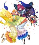  1girl bangs black_gloves blonde_hair blue_eyes blue_hair bug butterfly confetti facial_mark fairy_wings fire_emblem fire_emblem_heroes full_body gloves gradient gradient_hair hair_ornament hair_over_one_eye highres insect japanese_clothes kimono kippu long_hair multicolored_hair official_art orange_hair peony_(fire_emblem) petals pointy_ears purple_hair sandals solo tabi tanbi transparent_background triandra_(fire_emblem) white_legwear wide_sleeves wings 