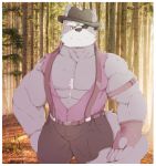  2020 abs anthro armband barazoku belt border bottomwear canid canine canis chest_tuft clothed clothing cowboy cowboy_hat detailed_background eye_patch eyebrows eyewear fingerless_gloves forest gloves handwear hat headgear headwear hi_res looking_at_viewer male mammal muscular muscular_anthro muscular_male nintendo open_clothing open_topwear open_vest outside pants pecs plant shadowmatamori signature solo standing star_fox suspenders topwear tree tuft vest video_games white_border wolf wolf_o&#039;donnell 
