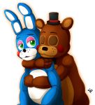  2015 ambiguous_gender animatronic anthro blue_body bow_tie brown_body clothing duo eyes_closed five_nights_at_freddy&#039;s five_nights_at_freddy&#039;s_2 freckles green_eyes hat headgear headwear hug hugging_from_behind ill825_(artist) lagomorph leporid long_ears looking_at_another machine mammal multicolored_body rabbit red_cheeks robot romantic_ambiance signature toy_bonnie_(fnaf) toy_freddy_(fnaf) ursid ursine video_games 