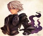  1boy armor artist_name bangs black_armor closed_mouth cropped_jacket heterochromia highres male_focus odin_sphere oswald_(odin_sphere) purple_eyes red_eyes sho.t silver_hair simple_background solo upper_body 