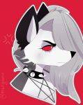  angry anthro black_body black_fur canid canid_demon cheek_tuft collar demon eyebrows eyelashes facial_tuft female fur grey_body grey_fur grey_hair hair half-closed_eyes hellhound helluva_boss hi_res loona_(vivzmind) mammal mangooniee narrowed_eyes red_background red_sclera side_view simple_background snout solo spiked_collar spikes tuft white_body white_eyes white_fur 