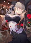  1girl absurdres alcohol armpits azur_lane bangs black_dress black_ribbon blush breasts choker cleavage corset cup detached_sleeves dress drinking_glass eyebrows_visible_through_hair flower formidable_(azur_lane) frilled_dress frills grey_hair hair_ribbon highres large_breasts long_hair looking_at_viewer open_mouth petals red_eyes red_flower red_rose ribbon rose rose_petals sidelocks solo somna standing twintails twisted_torso very_long_hair wine wine_glass 
