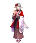  1girl animal_ears bangs black_hair closed_mouth fire_emblem fire_emblem_fates fire_emblem_heroes full_body fuzichoco grey_hair hair_ornament highres holding japanese_clothes kimono long_hair looking_at_viewer multicolored_hair obi official_art pointy_ears sandals sash shiny shiny_hair smile solo standing tabi tail transparent_background velouria_(fire_emblem) white_legwear wolf_ears wolf_tail 