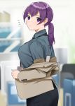  1girl black_skirt blue_shirt blurry blurry_background closed_mouth collared_shirt desk doushimasho highres indoors jacket long_hair long_sleeves looking_at_viewer office office_lady original pencil_skirt ponytail purple_eyes purple_hair shelf shirt skirt solo standing surprised 