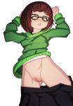 1girl absurdres arms_up ass_visible_through_thighs bangs black-framed_eyewear black_skirt blsh blush bob_cut breasts brown_hair clitoral_hood collarbone from_above glasses green_sweater groin half-closed_eyes highres long_sleeves looking_down lying navel no_panties nose_blush on_back open_clothes open_skirt parted_lips pleated_skirt pussy shirt sho-tan_(thedoujin) short_hair sidelocks simple_background skirt skirt_pull small_breasts solo spread_legs sweater teeth thedoujin uncensored white_background white_shirt yellow_eyes 