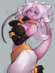  1girl android_21 bracelet breasts choker cleavage colored_skin dragon_ball dragon_ball_fighterz earrings grey_background hoop_earrings jewelry kemachiku long_hair looking_at_viewer majin_android_21 medium_breasts midriff pink_skin pointy_ears red_eyes simple_background solo tail white_hair yellow_choker 