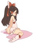  ass blush brown_hair hakurei_reimu long_hair no_shoes nude randou red_eyes sitting socks solo sweat touhou wariza 