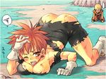  1girl arai_kuma ass bad_id bad_pixiv_id blush bodysuit breasts cleavage dragon_ball dragon_ball_z genderswap genderswap_(mtf) gloves kuririn large_breasts lowres recoome red_hair short_hair torn_bodysuit torn_clothes 