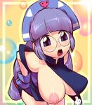  areolae breasts gloves gluko large_breasts leaning_forward long_hair mon_colle_knights nipples open_mouth purple_eyes purple_hair sawao wardrobe_malfunction 