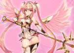  1girl armlet bare_shoulders blonde_hair cleavage_cutout detached_sleeves long_hair navel original paintale pink_background pink_eyes pink_wings smile solo staff thigh_gap thighhighs twintails wings 
