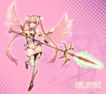  1girl armlet bare_shoulders blonde_hair boots cleavage_cutout detached_sleeves long_hair navel original paintale pink_background pink_eyes pink_wings smile solo staff thigh_boots thigh_gap thighhighs twintails wings 