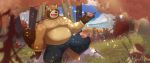  2020 ambient_bird anthro avian baw0sox belly bird bottomwear brown_body brown_fur canid canine clothing detailed_background fur hi_res humanoid_hands male mammal outside overweight overweight_anthro overweight_male pants plant raccoon_dog sitting solo tanuki tree 