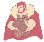  1boy armor bara beard breastplate cape cleavage_cutout clothing_cutout cropped_torso crossed_arms facial_hair fate/grand_order fate_(series) fur-trimmed_cape fur_trim iskandar_(fate) kagemaru_(bara) leather male_focus muscular muscular_male red_cape red_eyes red_hair short_hair smile solo white_background 