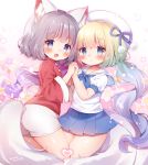  2girls animal_ear_fluff animal_ears blonde_hair blue_eyes blue_hair blue_skirt blush brown_hair commission dog_tail face-to-face gradient_hair hat highres holding_hands long_hair looking_at_viewer miniskirt momozu_komamochi multicolored_hair multiple_girls open_mouth original red_shirt sailor_collar shirt short_hair short_shorts short_sleeves shorts skeb_commission skirt smile tail thighs twintails two-tone_hair very_long_hair white_headwear white_shirt white_shorts 