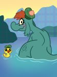  absurd_res bathing blush butt clothing detailed_background disney female hair hat hat_only headgear headgear_only headwear headwear_only hi_res lake loch_ness_monster looking_at_viewer looking_back mostly_nude nessie rear_view red_hair reptile rubber_duck scalie solo the_ballad_of_nessie water yukacutiekoala 