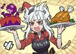  1girl apron bandaged_fingers bandaged_wrist bandages bandaid bone cake chicken_(food) christmas commentary demon_girl demon_horns english_text food fruit hat helltaker holding holding_plate horns injury kyo-hei_(kyouhei) lucifer_(helltaker) motion_lines plate red_shirt santa_hat shirt skeleton_(helltaker) skull solo strawberry sweat white_hair white_horns 