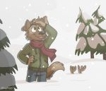 anthro antlers blep blue_bottomwear blue_clothing blue_jeans blue_pants bottomwear brown_body brown_fur canid canine canis cervid clothing darwin_(tinydeerguy) denim denim_clothing domestic_dog duo fur green_clothing green_eyes green_jacket green_topwear hand_on_head hand_on_side hi_res horn jacket jeans male mammal matt_riskely pants plant red_scarf scarf tinydeerguy tongue tongue_out topwear tree under_snow white_sky winter 