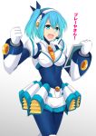  1girl android armor bangs blue_bodysuit blue_eyes blue_hair bodysuit breasts clenched_hand commentary_request covered_navel cross_(crossryou) eyebrows_behind_hair gloves groin hair_between_eyes headset highres holding holding_tablet_pc large_breasts navigator open_mouth rico_(rockman) rockman rockman_x rockman_x_dive short_hair short_shorts shorts side_ponytail sidelocks simple_background skin_tight solo tablet_pc translated white_armor white_background white_gloves white_shorts 