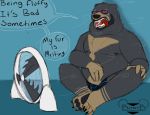  2018 anthro belly black_body black_fur black_nose bodily_fluids bowrb_(character) bowrbbear bulge clothing english_text eyes_closed eyewear fur glasses male mammal nipples overweight overweight_anthro overweight_male sitting solo sweat text underwear ursid 