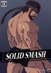  1boy ass back bara beard black_male_underwear blue_eyes briefs brown_hair cover cover_page crestren doujin_cover facial_hair from_behind headband highres huge_ass looking_at_viewer male_focus metal_gear_(series) metal_gear_solid muscular muscular_male pectorals reward_available short_hair solid_snake solo thick_thighs thighs underwear underwear_only 
