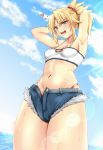  1girl anger_vein arms_behind_head bangs blonde_hair blush braid breasts cloud cloudy_sky eyebrows_visible_through_hair fate/apocrypha fate/grand_order fate_(series) flare fur fur-trimmed_shorts fur_trim furrowed_eyebrows green_eyes hair_ornament hair_scrunchie hands_up highres long_hair mordred_(fate) mordred_(fate)_(all) navel open_mouth ponytail red_scrunchie ryudraw scrunchie shorts sky small_breasts solo underwear underwear_peek water 