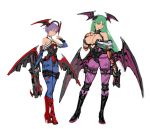  2girls adapted_costume animal_print assault_rifle bare_shoulders bat_print bat_wings black_footwear black_leotard blue_legwear boots breasts bullpup character_name cleavage clothing_cutout demon_girl detached_collar detached_sleeves english_commentary flat_chest flat_color full_body green_eyes green_hair gun handgun head_wings heart_cutout hichi high_heel_boots high_heels highleg highleg_leotard hime_cut holding holding_gun holding_weapon knee_boots knee_pads large_breasts leotard lilith_aensland long_legs mechanical_wings morrigan_aensland multiple_girls pistol print_legwear purple_hair purple_legwear red_eyes red_footwear red_leotard revolver rifle short_hair siblings sisters sketch smile standing stiletto_heels succubus thigh_strap vampire_(game) weapon white_background wings work_in_progress 