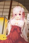  1girl absurdres azur_lane bangs blush breasts cleavage commentary_request cygnet_(azur_lane) double_bun eyebrows_visible_through_hair gohei hair_ornament hakama highres hira-san japanese_clothes large_breasts long_hair miko open_mouth red_eyes red_hakama see-through shirt solo wet wet_clothes wet_shirt white_hair 