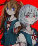  2girls arms_behind_back ayanami_rei bangs blue_eyes blue_skirt brown_hair collared_shirt grey_hair hair_between_eyes highres looking_at_viewer looking_to_the_side multiple_girls neon_genesis_evangelion open_mouth red_background red_eyes shirt short_hair skirt soresaki souryuu_asuka_langley two_side_up white_shirt 