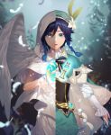  1boy absurdres bangs black_hair blue_eyes blue_hair blurry blurry_background blush braid cape cloak closed_eyes feathered_wings feathers flower frilled_sleeves frills gem genshin_impact gnosis_(genshin_impact) gradient_hair green_headwear hair_between_eyes hair_flower hair_ornament hat highres hood hood_up hooded_cloak huge_filesize leaf long_sleeves looking_at_viewer male_focus multicolored_hair open_mouth ribbon smile solo split split_image split_screen twin_braids ujou venti_(genshin_impact) vision_(genshin_impact) white_cloak wings 