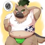  1:1 2020 anthro belly blush bulge canid canine canis clothing cute_fangs domestic_dog hi_res humanoid_hands kemono male mammal mohumohudansi navel overweight overweight_anthro overweight_male scar shirt solo tokyo_afterschool_summoners topwear underwear video_games yasuyori 