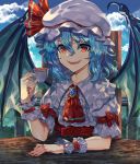  1girl absurdres arms_on_table blue_hair bow brooch center_frills cloud collared_shirt commentary creeper_(gametime) cup eyebrows_visible_through_hair fangs frilled_shirt_collar frills hat hat_ribbon highres holding holding_cup jewelry mob_cap open_mouth red_bow red_eyes red_neckwear red_ribbon remilia_scarlet ribbon shirt short_sleeves sitting sky solo table teacup touhou white_headwear white_shirt wings wrist_cuffs 