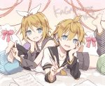  1boy 1girl anniversary arm_rest arm_warmers bangs bare_shoulders barefoot black_collar black_shorts blonde_hair blue_eyes bow character_name collar feet_up gift_bag grey_collar grey_shorts grin hair_bow hair_ornament hairclip hand_on_own_cheek hand_on_own_face kagamine_len kagamine_rin leg_warmers looking_at_viewer lying necktie on_stomach open_mouth paper red_ribbon ribbon sailor_collar school_uniform sheet_music shirt short_hair short_ponytail short_shorts short_sleeves shorts smile spiked_hair swept_bangs utaori vocaloid white_bow white_shirt yellow_neckwear 