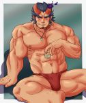  1boy abs bara broken_horn bulge dark_blue_hair demon_boy demon_horns drunk facial_hair fundoshi highres horns japanese_clothes jewelry leaning_back male_focus minatsumi muscular muscular_male navel navel_hair necklace nipples pectorals red_male_underwear short_hair sideburns sitting smirk solo spread_legs stubble takemaru_(tokyo_houkago_summoners) thick_eyebrows thighs tokyo_houkago_summoners underwear underwear_only 