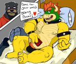  2017 anthro bed belly black_body black_fur blush bowrb_(character) bowrbbear bowser bulge clothing duo english_text eyewear fur furniture glasses lying male male/male mammal mario_bros nintendo nipples overweight overweight_male pillow text underwear ursid video_games 