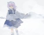  1girl apron blue_dress boots commentary_request dress eyebrows_behind_hair feet_out_of_frame hat kaigen_1025 letty_whiterock light_purple_hair mob_cap mountain purple_eyes short_hair simple_background snowing solo touhou triangular_headpiece white_apron white_background white_footwear white_headwear 