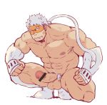  1boy abs bar_censor bara body_hair bodysuit boku_no_hero_academia censored cleavage_cutout clothing_cutout erection fangs full_body highres kagemaru_(bara) kan_sekijirou looking_at_viewer male_focus male_pubic_hair muscular muscular_male navel nipples nude pectorals penis pubic_hair red_bodysuit scar scar_on_cheek scar_on_face short_hair solo squatting testicles thick_thighs thighs tube veins veiny_penis white_hair 