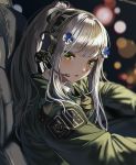  1girl agent_416_(girls_frontline) bangs car_interior driving facial_mark girls_frontline green_eyes green_jacket hair_ornament headphones headset hk416_(girls_frontline) jacket long_hair long_sleeves ponytail sidelocks silence_girl silver_hair solo teardrop tom_clancy&#039;s_the_division upper_body 