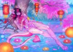  anthro cherry_blossom clothing digital_media_(artwork) digitigrade dragon flower gold_(metal) gold_jewelry hair heart_tail horn jewelry leonifa looking_at_viewer male pink_body pink_scales plant scales scalie smile solo tree water 