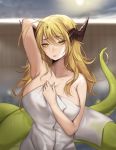  1girl ahoge armpits blonde_hair blurry blurry_background breasts cleavage commentary depth_of_field english_commentary fingernails glint green_eyes hair_between_eyes hand_up highres horns huge_breasts lamia long_fingernails long_hair looking_at_viewer monster_girl naked_towel original parted_lips snek_(terupancake) solo terupancake towel upper_body wet white_towel 