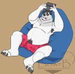  2018 absurd_res anthro armpit_hair belly body_hair bowrbbear bulge clothing fur gaming giant_panda hi_res humanoid_hands male mammal overweight overweight_anthro overweight_male playing_videogame pubes solo tongue tongue_out underwear ursid white_body white_fur 
