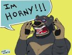  2018 anthro belly black_body black_fur bowrbbear english_text eyewear fur glasses humanoid_hands male mammal overweight overweight_anthro overweight_male simple_background solo text ursid 
