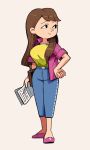  1girl black_eyes blue_pants brown_hair character_request collared_shirt copyright_request full_body hand_on_hip holding holding_paper long_hair open_clothes open_shirt pants paper pink_footwear pink_shirt shirt shirt_tucked_in shoes short_sleeves simple_background smile solo standing tan_background yellow_shirt yuta_agc 