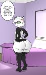  anthro bedroom big_butt black_clothing bottomwear bubble_butt butt clothing costume domestic_cat english_text felid feline felis girly hayakain hi_res huge_butt huge_thighs leather leather_clothing legwear male mammal skirt solo teo_(hayakain) text thick_thighs thigh_highs wide_hips 
