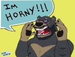  2018 anthro belly black_body black_fur bowrb_(character) bowrbbear english_text eyewear fur glasses humanoid_hands male mammal open_mouth overweight overweight_anthro overweight_male simple_background solo text ursid 