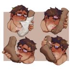  1boy bara black-framed_eyewear blush brown_hair expressions eyewear_removed feet foot_focus foot_licking licking likaou male_focus mouth_hold muscular muscular_male original saliva saliva_trail short_hair sock_pull solo_focus tongue tongue_out 