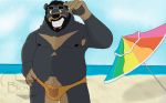  2020 absurd_res anthro beach beard belly black_body black_fur black_nose bowrb_(character) bowrbbear clothing eyewear facial_hair fur hi_res humanoid_hands male mammal navel nipples outside overweight overweight_anthro overweight_male seaside solo sunglasses swimwear ursid 