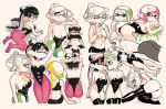  +_+ 5girls aqua_eyes arms_up ass bangs bare_shoulders black_hair black_legwear black_leotard blonde_hair blue_eyes blunt_bangs breasts callie_(splatoon) covering covering_breasts detached_collar earrings from_behind gloves green_hair green_legwear grey_shorts highleg highleg_leotard inkling jewelry leotard marie_(splatoon) medium_breasts multiple_girls navel pantyhose pink_hair pink_legwear pointy_ears shorts splatoon_(series) strapless strapless_leotard thighhighs topless white_gloves white_hair yellow_eyes yuta_agc 