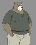  2020 anthro belly bottomwear brown_body brown_fur clothing cute_fangs fur hi_res humanoid_hands kemono male mammal maron2475 overweight overweight_anthro overweight_male pants shirt simple_background solo topwear ursid 