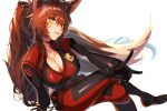  1girl alternate_costume animal_ears arm_support bangs belt biker_clothes bikesuit black_gloves breasts brown_hair butterfly_hair_ornament cleavage closed_mouth crossed_legs eyebrows_visible_through_hair fox_ears fox_girl fox_tail fumi_(nijisanji) gloves hair_between_eyes hair_ornament head_tilt highres large_breasts long_hair long_sleeves looking_at_viewer murechika nijisanji ponytail red_neckwear red_rope rope sitting skin_tight smile solo tail very_long_hair virtual_youtuber w yellow_eyes 