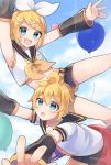  1boy 1girl akikan_sabago anniversary arm_warmers balloon bangs bare_shoulders bass_clef black_collar black_shorts blonde_hair blue_eyes blue_sky bow cloud collar commentary crop_top falling fang hair_bow hair_ornament hairclip highres kagamine_len kagamine_rin looking_at_viewer neckerchief necktie open_mouth outstretched_arms sailor_collar school_uniform shirt short_hair short_ponytail short_shorts short_sleeves shorts skin_fang sky sleeveless sleeveless_shirt smile spiked_hair swept_bangs treble_clef vocaloid white_bow white_shirt yellow_neckwear 